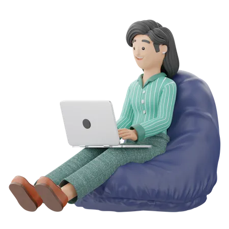 Frau sitzt auf einem Sitzsack und arbeitet  3D Illustration