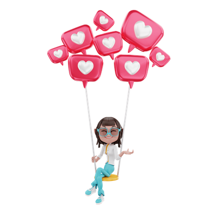 Frau auf Liebesluftballons  3D Illustration