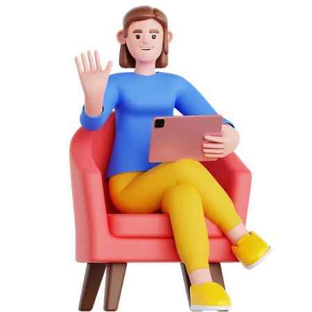 Frau mit Tablet auf der Couch  3D Illustration