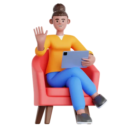 Frau mit Tablet auf der Couch  3D Illustration