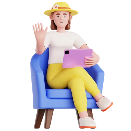 Frau mit Tablet auf der Couch  3D Illustration