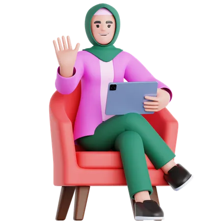 Frau mit Tablet auf der Couch  3D Illustration