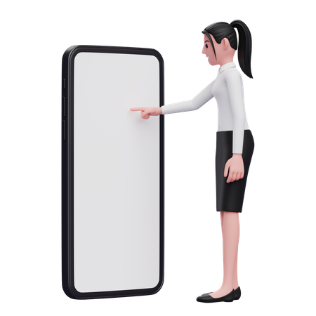 Frau berührt Handy-Display mit Finger  3D Illustration