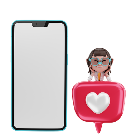 Frau betrachtet Liebe mit Handy  3D Illustration