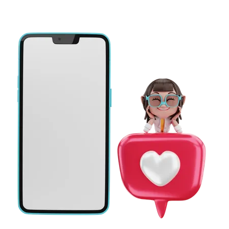 Frau betrachtet Liebe mit Handy  3D Illustration