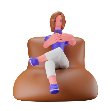 Frau überprüft ihr Telefon, während sie auf dem Sofa sitzt  3D Illustration