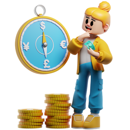 Frau überlegt, wo sie ihr Geld anlegen soll  3D Illustration