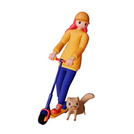 Frau fährt Elektroroller mit Katze  3D Illustration