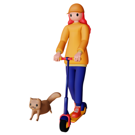 Frau reitet Roller mit Katze  3D Illustration