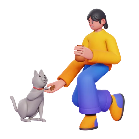 Frau füttert Katze  3D Illustration