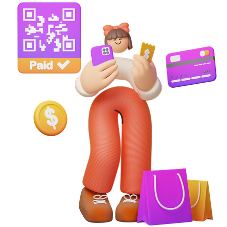 Frau genießt Einkaufen mit digitaler Zahlung  3D Illustration