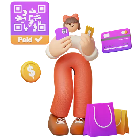 Frau genießt Einkaufen mit digitaler Zahlung  3D Illustration