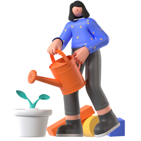 Frau gießt Pflanzen  3D Illustration