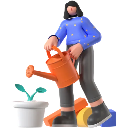 Frau gießt Pflanzen  3D Illustration