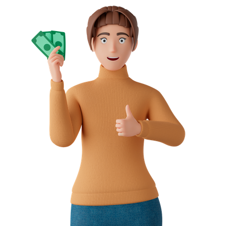 Frau hält Bargeld und gibt Daumen hoch  3D Illustration