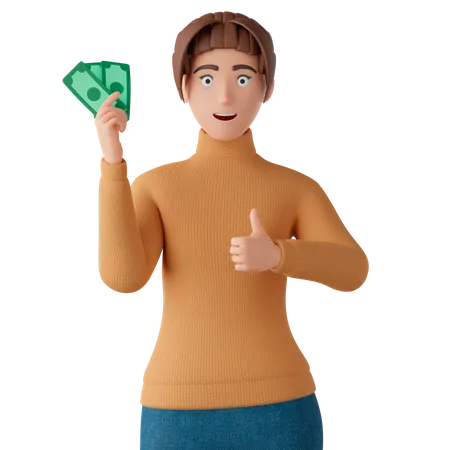 Frau hält Bargeld und gibt Daumen hoch  3D Illustration