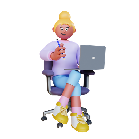 Frau mit Bleistift und sitzen auf Stuhl mit Laptop  3D Illustration
