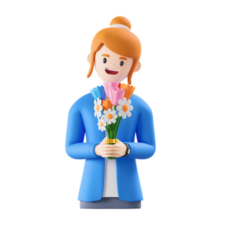 Frau hält Blumen in der Hand  3D Illustration