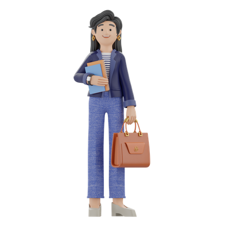 Frau mit Büchern und Tasche  3D Illustration