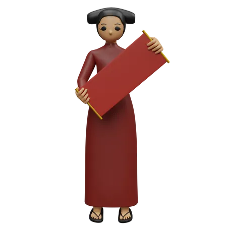 Frau hält chinesisches Banner und liest Neujahrsbotschaft  3D Illustration