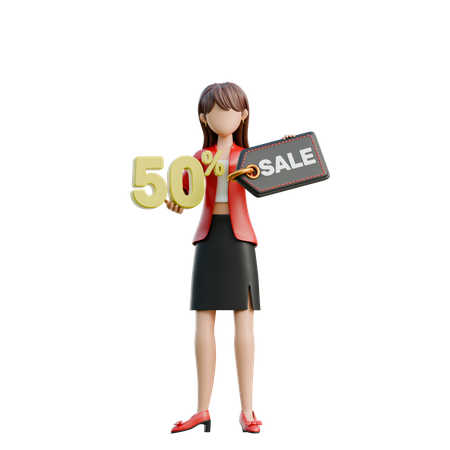 Frau mit einem 50-%-Rabattschild  3D Illustration