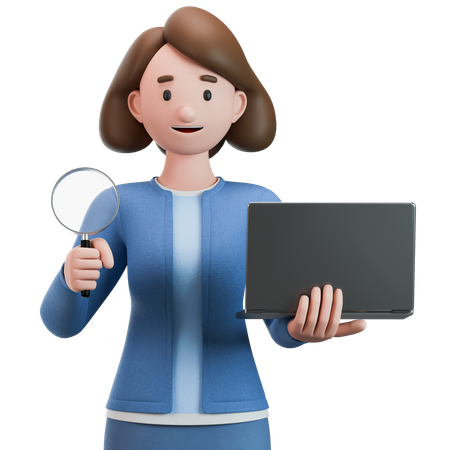 Frau hält eine Lupe und einen Laptop in den Händen  3D Illustration