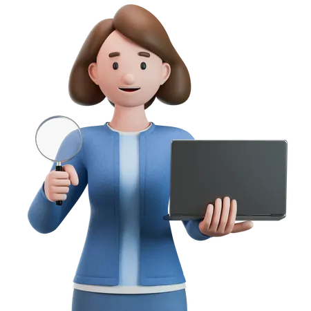 Frau hält eine Lupe und einen Laptop in den Händen  3D Illustration