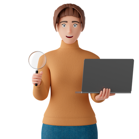 Frau hält eine Lupe und einen Laptop in der Hand  3D Illustration