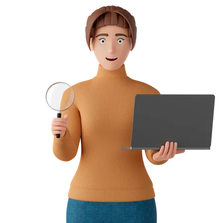 Frau hält eine Lupe und einen Laptop in der Hand  3D Illustration