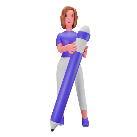 Frau hält großen Bleistift  3D Illustration