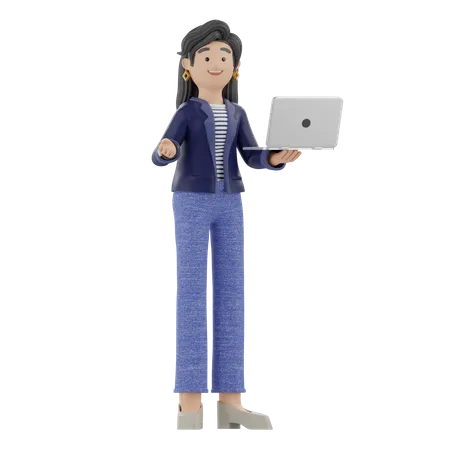 Frau hält Laptop und erklärt etwas  3D Illustration