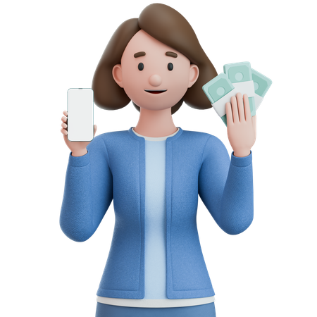 Frau mit Smartphone und einem Haufen Bargeld  3D Illustration