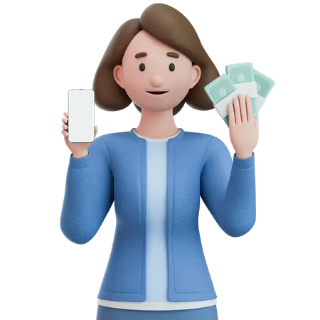 Frau mit Smartphone und einem Haufen Bargeld  3D Illustration