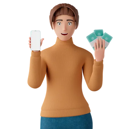 Frau mit Smartphone und einem Haufen Bargeld  3D Illustration