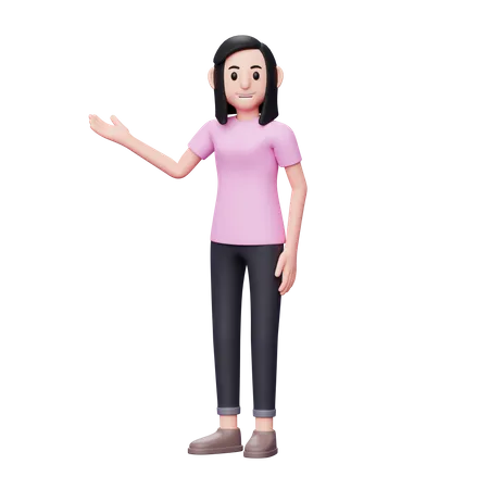 3 D Charakterdarstellung Lassige Frau Zeigt Hand Um Raum Mit Rechten Handen Zu Kopieren Oder Einladende Geste 3D Illustration