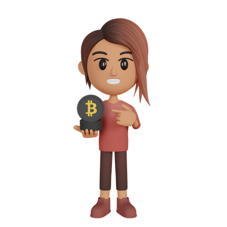 Frau zeigt Bitcoins  3D Illustration