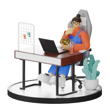 Frauen essen Snacks und arbeiten am Laptop  3D Illustration