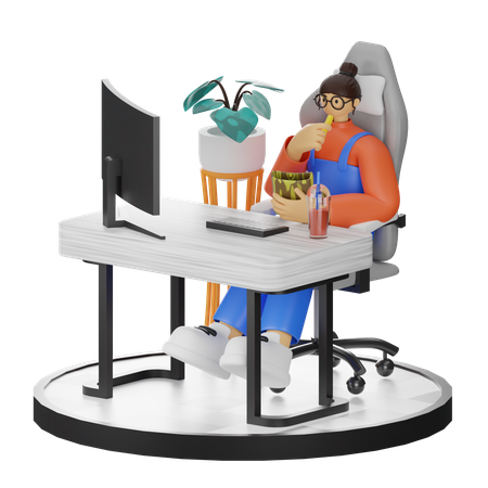 Frau isst Snacks während sie am Computer arbeitet  3D Illustration