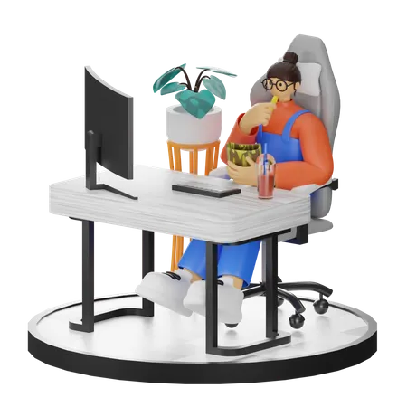 Frau isst Snacks während sie am Computer arbeitet  3D Illustration