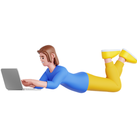 Frau liegt und benutzt Laptop  3D Illustration