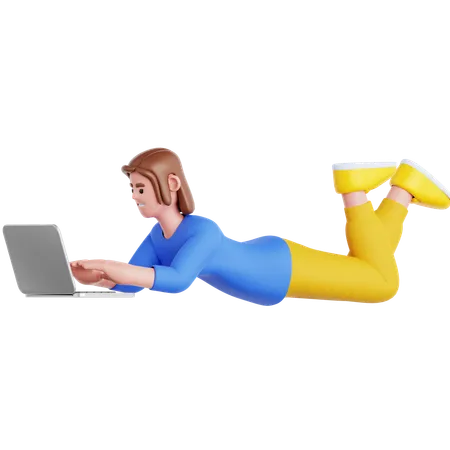 Frau liegt und benutzt Laptop  3D Illustration