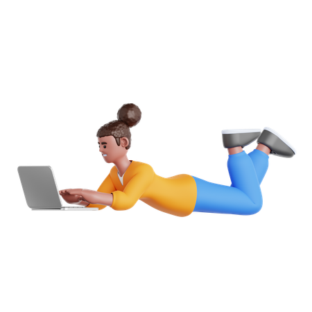 Frau liegt und benutzt Laptop  3D Illustration