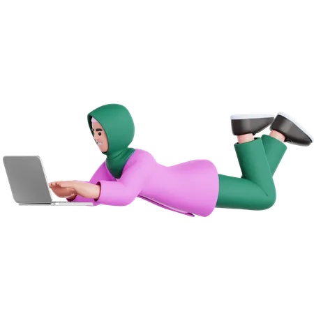 Frau liegt und benutzt Laptop  3D Illustration