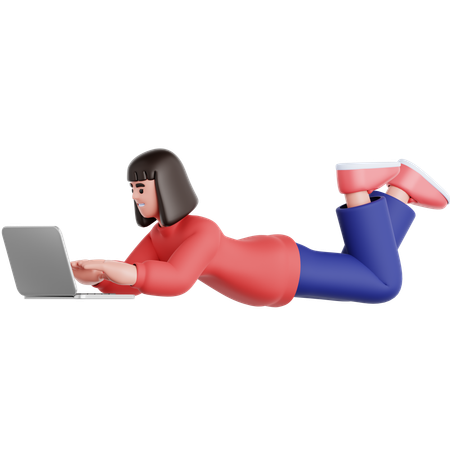 Frau liegt und benutzt Laptop  3D Illustration