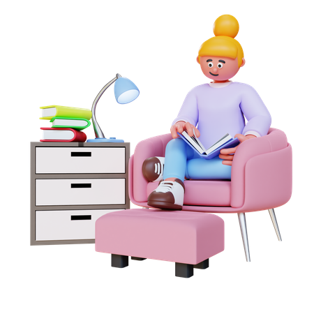 Frau liest ein Buch und sitzt auf dem Sofa  3D Illustration