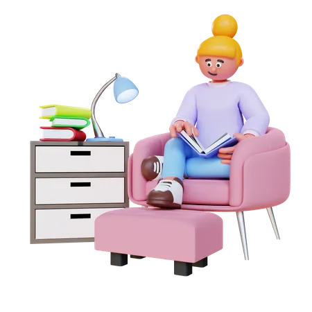 Frau liest ein Buch und sitzt auf dem Sofa  3D Illustration