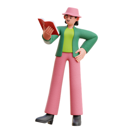 Frau liest ein Buch im Stehen  3D Illustration