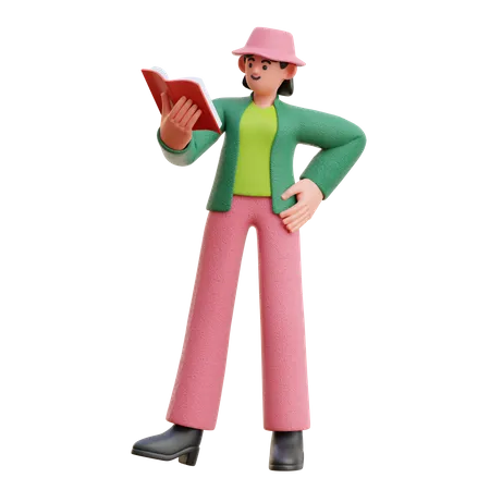 Frau liest ein Buch im Stehen  3D Illustration