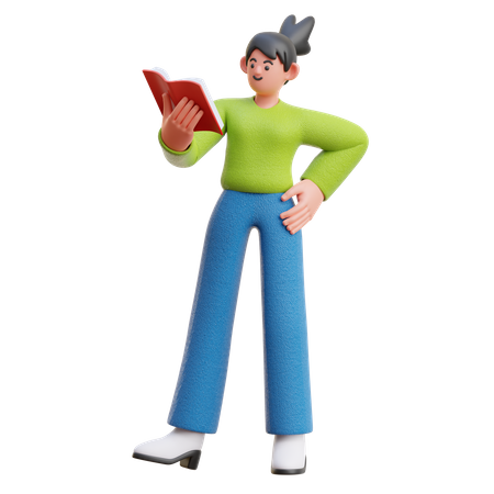 Frau liest ein Buch im Stehen  3D Illustration