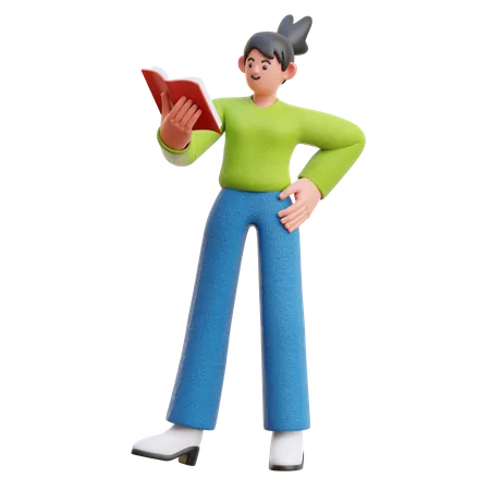 Frau liest ein Buch im Stehen  3D Illustration